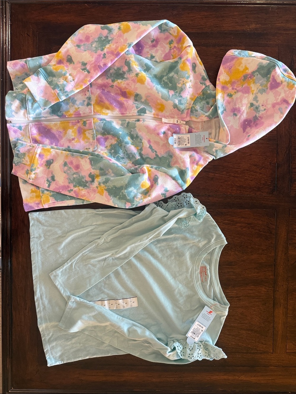 Pastel Tie-Dye Zip Hoodie & Mint Ruffle Sleeve Top Set, Size 10-12
